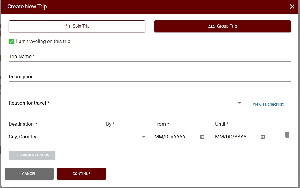 Create new trip with group travel option screenshot