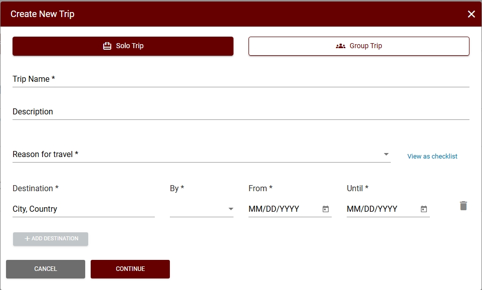 Create new trip screenshot
